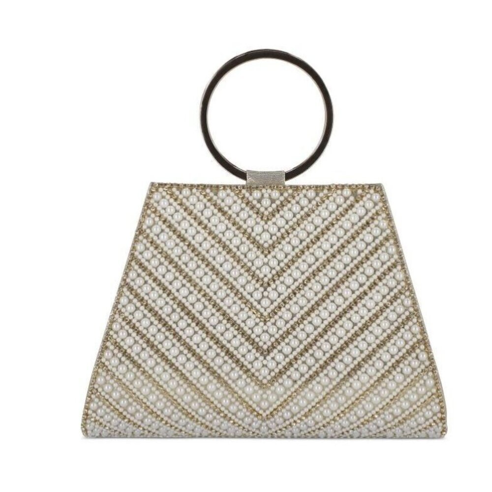 INC Brynnn embellished crystal front chevron bangle women's clutch - WHITE /GOLD